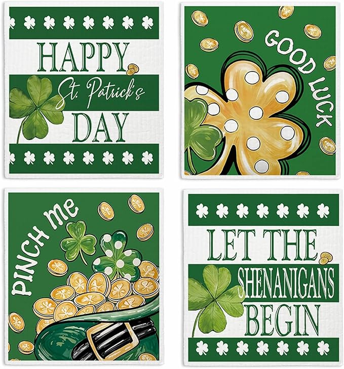 Swedish Dishcloths for Kitchen, St Patricks Day Green Shamrock Dish Rags Kitchen Dish Towels for Washing Dishes, 4 Pack Reusable Paper Towels, Sponge Cloths for Home Cleaning Baking Cooking