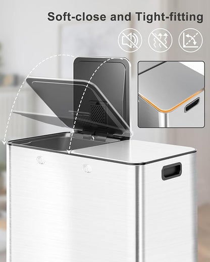 Large Stainless Steel Dual Compartment Recycling Trash Can 60 l/16 Gal Kitchen Trash Can Recycle Bins with Lid Waste Bin with Removable Buckets, Bathroom,Kitchen Garbage Can