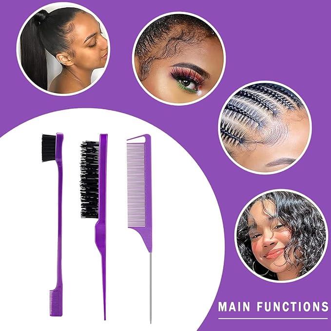 Hair Brush Set with Continuous Spray Bottle，Slick Back Hair Brush Back Brushing, Combing, Slicking Hair (Purple)