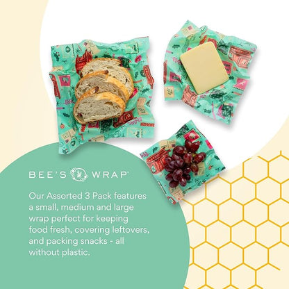 Bee's Wrap Beeswax Wraps for Food - 3 Pack of Assorted Beeswax Wraps - Small, Medium & Large Wrap - Plastic Free Made in USA Reusable Natural Food Wrap - Season's Greetings Print