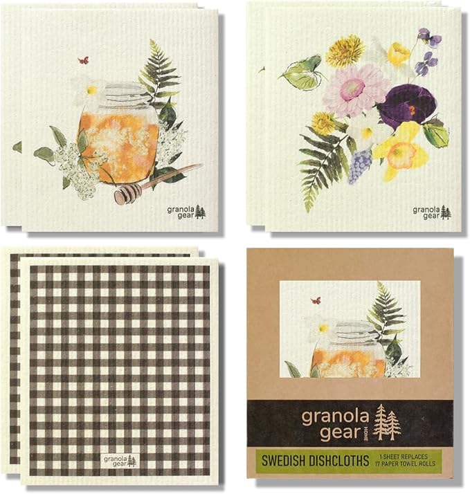 Swedish Dishcloths for Kitchen 6-Pack Reusable Paper Towels, Eco-Friendly, Compostable, Biodegradable Dish Wash Cloths, Washable Sponge, Watercolor Honey Art-Sweet as Can Bee