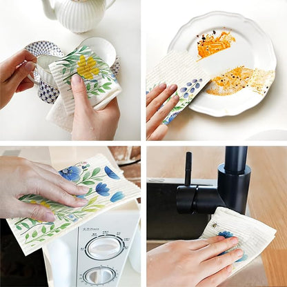 12 Pack Swedish Dishcloths with 2 Push Towel Hooks - Reusable Dish Cloths for Washing Dishes, Napkins Cleaning Cloth Washable - Flower Set
