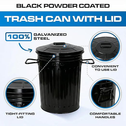 Plexon 2 Gallon Small Metal Trash Can with Lid Bathroom Garbage Can with Lid Bathroom Trash Can for Bedroom Office Kitchen Indoor Waste Basket, Round Powder Coated Black Bucket