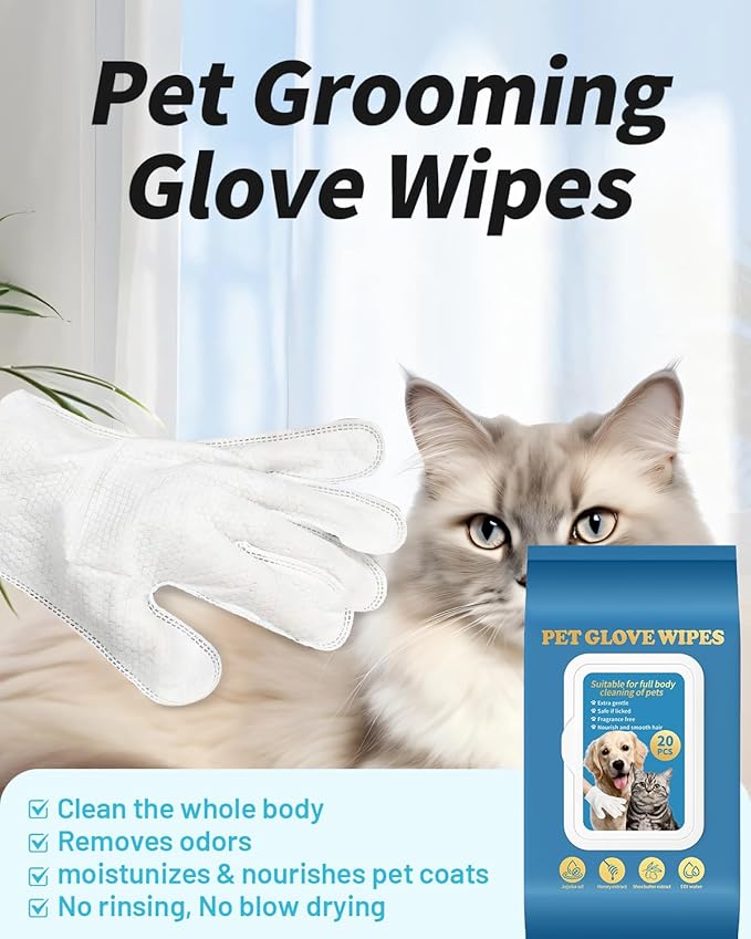 20 Pcs Dog Glove Wipes for Paws, Butt, Ears & Eyes - Pet Cleaning Wipes for Walk, Grooming & Potty | Extra Large Thick Rinse-Free for Dogs & Cats | Hypoallergenic Fragrance-Free for Travel & Camping