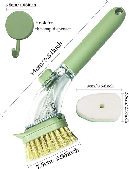 DAJOOEE Dish Brush with Soap Dispenser, Green, Nylon Bristles, Iron and Silicone Handle, 3 Replacement Heads, Kitchen Cleaning Brush