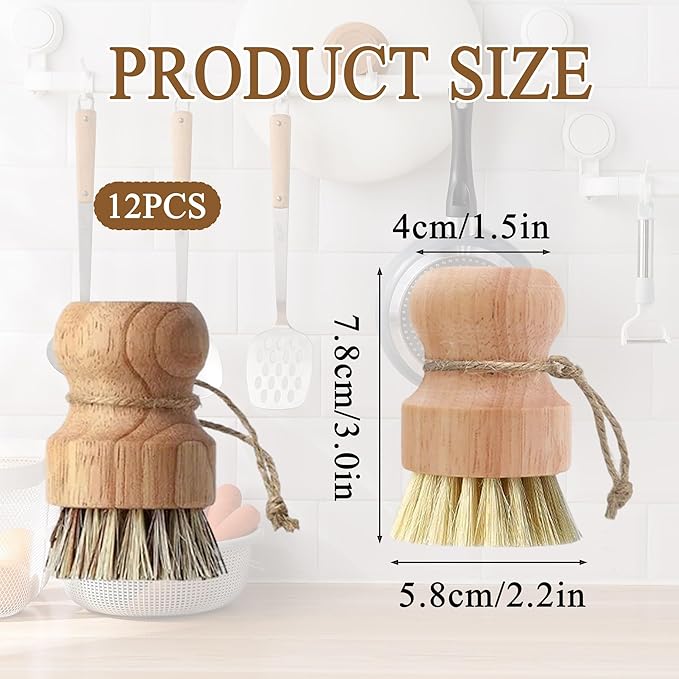 12 Pcs Bamboo Dish Brush Set, Palm Wooden and Sisal Bristles Dish Scrubber, Dish Brushes with Lanyard, Durable Wood Dishes Scrub, Natural Round Vegetable Cleaning Pots Pans Sink Washing Kitchen Brush