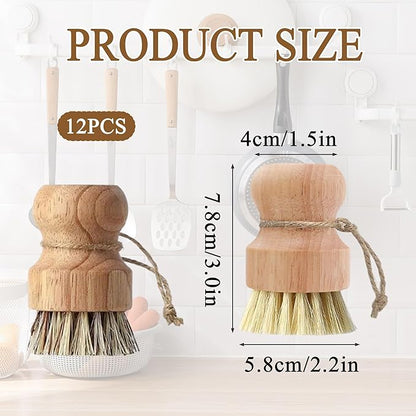 12 Pcs Bamboo Dish Brush Set, Palm Wooden and Sisal Bristles Dish Scrubber, Dish Brushes with Lanyard, Durable Wood Dishes Scrub, Natural Round Vegetable Cleaning Pots Pans Sink Washing Kitchen Brush