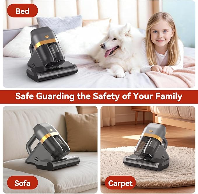 Mattress Cleaner, Bed Vacuum Cleaner with 149°F Heat, 16KPa Powerful Suction, 253.7nm U V-C Light, 40,000 RPM Brushroll, HEPA Filter, Dual 400ml Dust Cups for Sofa, Pet Hair, Wired Corded