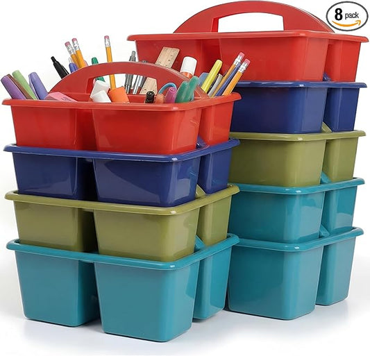 Kathfly 8 Pack Caddy Organizer with Handle, Stackable Organization Storage, Small Plastic Basket Classroom Caddy for Table Desk Office Pencil Kids Room Craft Art Teacher School Supplies (Deep Color)