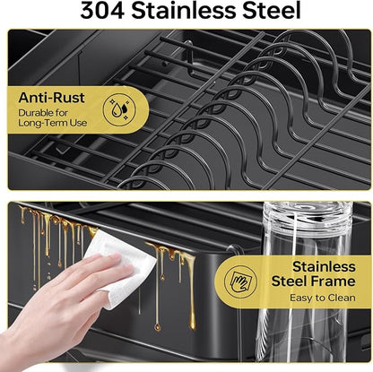 Urackify Dish Drying Rack for Kitchen Counter, 304 Stainless Steel Dish Rack, Expandable Dish Drainer, Foldable Dish Strainer with Cutlery Holder, Kitchen Plate Rack (Black, Large Size)