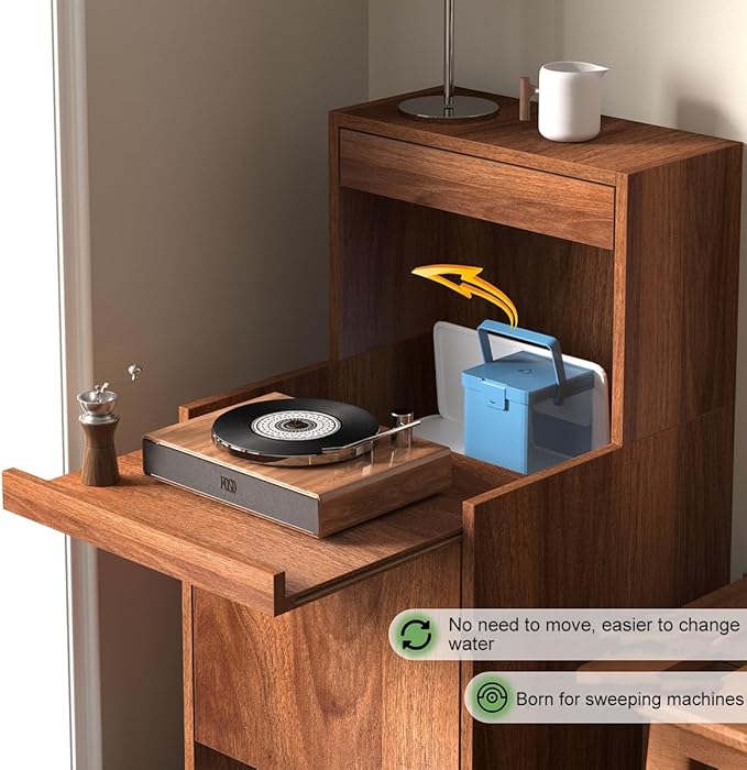 Robot Vacuum Stand Cabinet,Storage Cabinet with Doors and Drawers for Robot Vacuum Cleaner,Wood Bathroom Cabinet,Side Table for Living Room, Home Office(Brown,H100cm/39.3in)