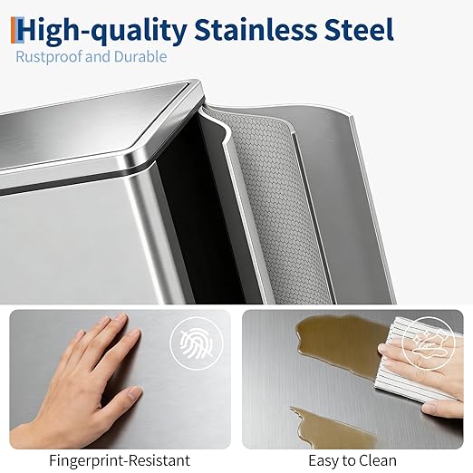 Dual Compartment Trash Can, 2 x 5.3 gal, 20L x 2 Stainless Steel Recycling Bin, Modern Kitchen Trash Bin with Foldable Anti-Slip Foot Pedal, Soft-Close Lid, Removable Inner Buckets, Kitchen Garbage