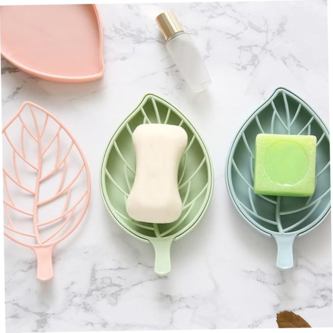 Soap Dishes, 3PCS Self Draining Soap Dish 6.9x3.9x0.8'' Hollow Leaf Shape Draining Soap Dish with Draining Tray Dry & Clean Soap Dish for Bathroom, Kitchen or Laundry Room