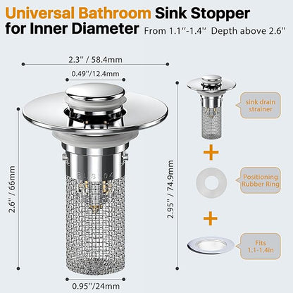2PCS Bathroom Sink Stopper Hair Catcher, Pop Up Sink Drain Stopper with Strainer & Filter, Universal Drain Plug for Sink Drain & Replacement, Sink Drain Cover with Basket for Bathroom Stopper