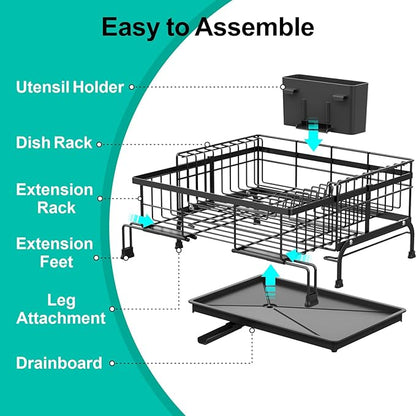 Swedecor Extendable Dish Drying Rack - Compact Dish Rack for Kitchen Counter, Over-The-Sink Dish Strainer with High Enclosed Fence, 360° Swivel Drain Spout, Rustproof, 10"–18.9" L × 15.6" W, Black