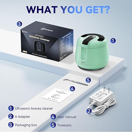 Ultrasonic Retainer Cleaner Machine 48kHz, Dental Cleaning Pod, Ultrasonic Retainer Cleaner for Dentures, Aligners, Mouth Guards, Toothbrush Heads and Jewelry with 200ML Capacity, LAB Supply