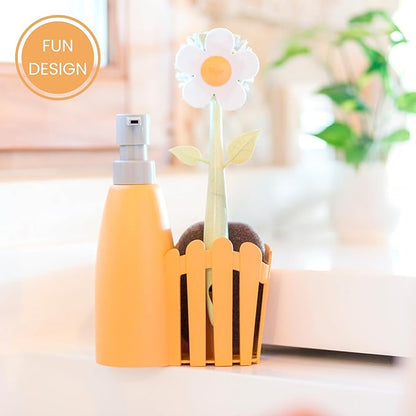 Vigar Florganic Kitchen Sink Caddy Set with Dish Soap Dispenser - Sponge Holder, Decorative Flower Dish Brush & Sponge, Kitchen Sink Organizer, Brush Holder and Soap Caddy for Countertop - Orange
