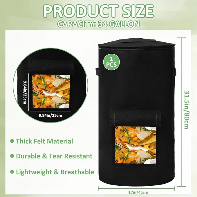 Compost Bins Outdoor, 34 Gallon Home Compost Bucket with Handles, Heavy Duty Nonwoven Fabric Yard Waste Bag, Collapsible Felt Pouch for Leaves, Grass, and Kitchen Scraps
