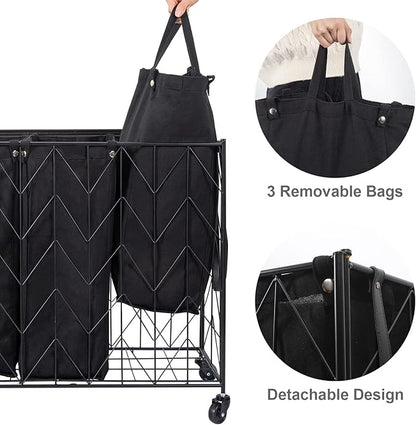 WOWLIVE Laundry Basket with Wheels, 142L Hamper 3 Section with Lid, Dirty Clothes Hamper with Removable Bags, Large Capacity Iron-Made Organizer Laundry Sorter for Dorm, Black