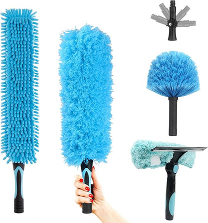 Ceiling Fan Duster Kit - 5-in-1 Cobweb Feather Duster & Squeegee Heads - Washable Bendable Microfiber - Fits Standard 3/4" Pole, Blue