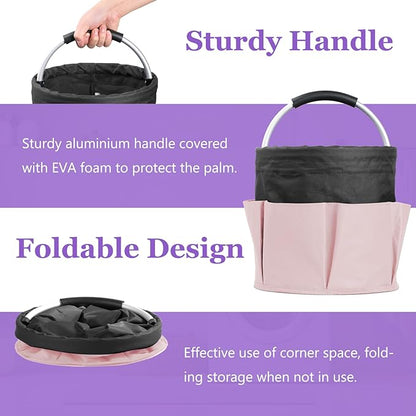 2Pcs 17L Shower Caddy with 6 Pockets, Portable Cleaning Caddy in 600D Oxford Fabric, Cleaning Supplies Bucket with Handle, Multifunctional Storage Basket for Dorm, Family, Black with Pink