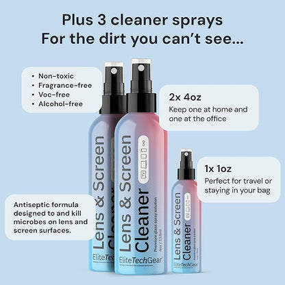 Elite Tech Gear Large Microfiber Cleaning Cloth Kit - 2-pc 12" x 12", Black Glasses Cleaning Cloth for TV Screens and Lenses - 3-pc Lens Cleaner Sprays