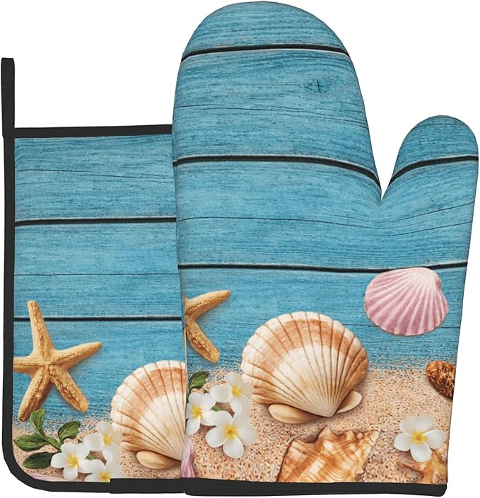 Coastal Oven Mitts and Pot Holders Sets Navy Blue Wooden Starfish Seashell Oven Glove Hot Pads for Kitchen Summer Beach Chef Gifts for Cooking Lover Cooks