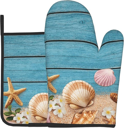 Coastal Oven Mitts and Pot Holders Sets Navy Blue Wooden Starfish Seashell Oven Glove Hot Pads for Kitchen Summer Beach Chef Gifts for Cooking Lover Cooks