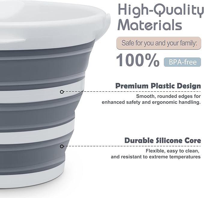 Goderewild 2 Pack Collapsible Bucket, 2.6 Gallon (10L) - Foldable Mop Bucket for House Cleaning, Car Washing, Camping - Portable Water Pail for Outdoor, RV, Travel (Grey, Round)
