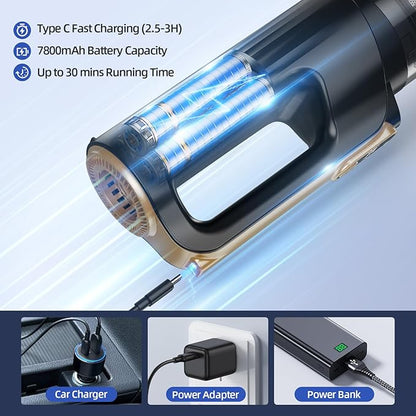 MONOZEL Mini Vacuum Cleaner for Car, 18000Pa 2 in 1 Vacuum Cleaner&Air Duster, 130W Brushless Motor Handheld Vacuum Cordless with 7800mAh Battery, LED Light, Multi-Nozzles for Home, Office, Pet