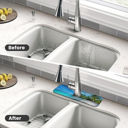 Beach Tropical Palm Tree Waves Travel Island Kitchen Sink Splash Guard Faucet Mat Super Absorbent Fast Drying Mat Sink Gadgets-Fast Drying Pad Sink Mat For Kitchen Bathroom (15" X 5.5" )