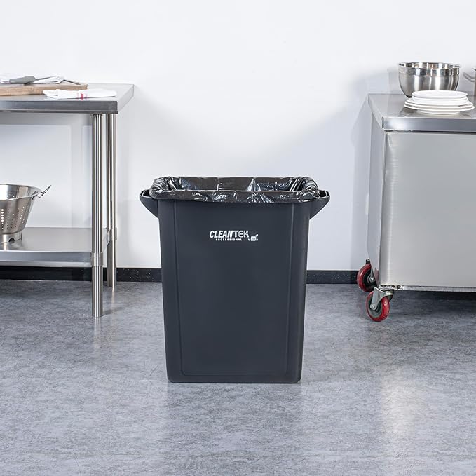 Restaurantware-Clean Tek Professional 15 Gallon Trash Can, 1 Slim Rectangle Waste Basket - With Handles, Space Saving, Black Plastic Garbage Bin, For Commercial Space, Office, Store, Cafe, And More