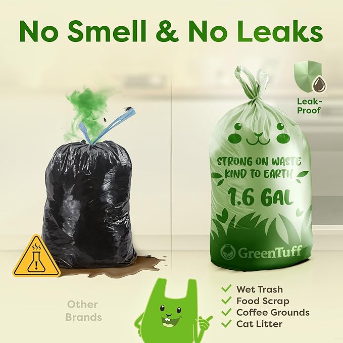 1.6 Gallon Compostable Trash Bags for Bathroom (50 Count) — Small Food Scrap & Bathroom Bin Liners — Thick 0.7 Mil Leak-Resistant Plant-Based Bags — ASTM D6400 BPI Certified