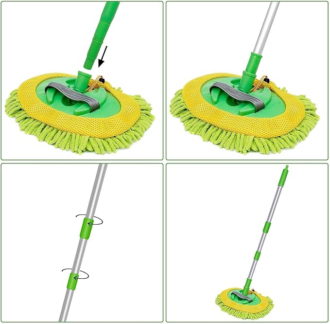 Weiliya 47.5"" Car Wash Brush Mop Cleaning Tool with Long Handle Kit for Washing Detailing Cars Truck, SUV, RV, Trailer, Boat 2 in 1 Chenille Microfiber Sponge Duster Not Hurt Paint Scratch Free