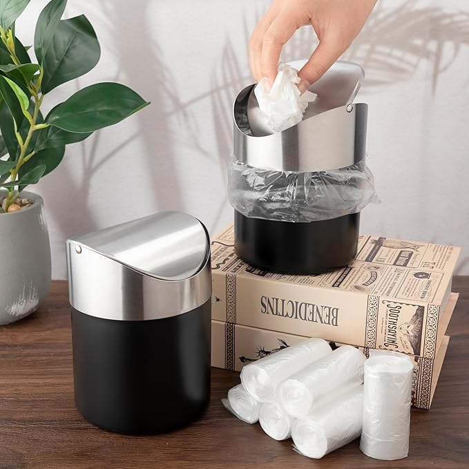 2 Pcs Desk Trash Can with Swing Lids, 12 Rolls of Trash Bags, 2L Brushed Stainless Steel Countertop Garbage Bin Small Wastebasket with Lid for Office Desk, Coffee Table(Matte Black)
