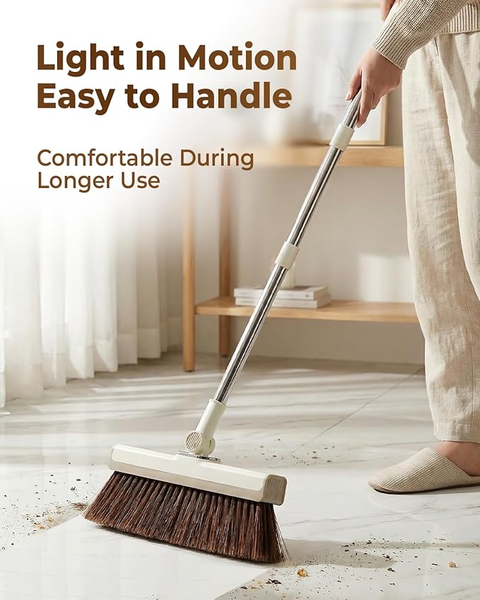 INDCAN Broom and Dustpan Set for Home, 54 Inch Long Handle Upright Broom, Rotatable Broom Head with Magnetic Mount & Self-Cleaning Teeth Comb, Indoor Floor Sweeping Set (Santra Pro) - Ivory