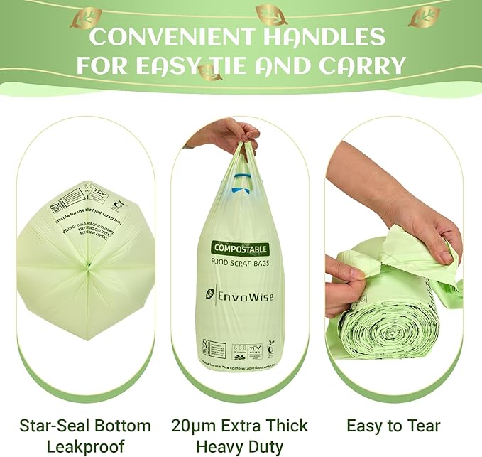 Compostable Trash Bags with Handles – 8 Gallon (30L), 60 Count | Premium Thick BPI & OK Compost Industrial Certified, Tall Slim-Fit Design for 5–8 Gallon Kitchen & Compost Bins