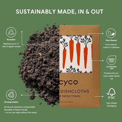 RECYCO Swedish Dishcloths for Kitchen | 6 Packs Veggie Melody Washable Dish Rags | Cellulose Reusable Cleaning Paper Towels | Absorbent Counter Dish Cloth Sponge Kitchen Wipes, 8" L x 7" W