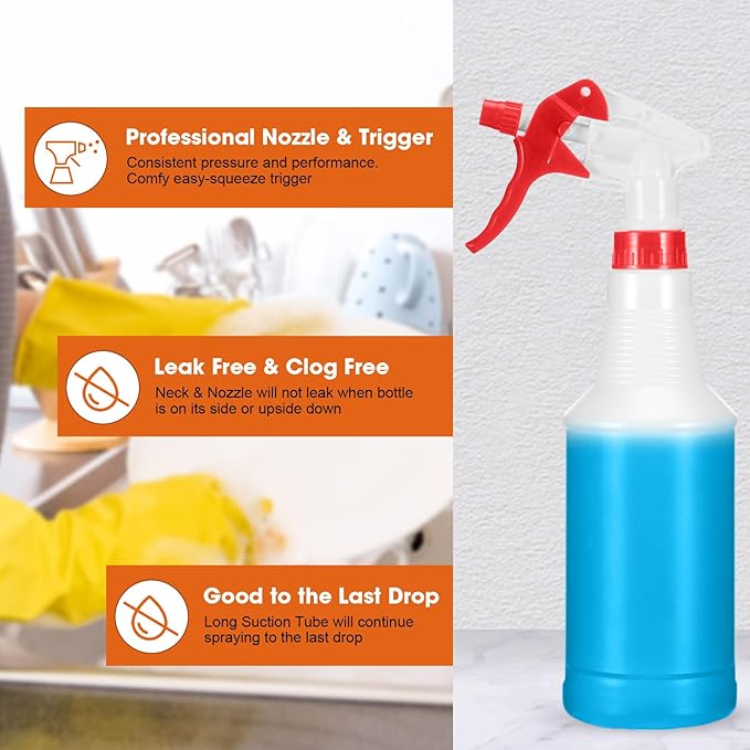 Eccliy 12 Pcs 16 Oz Plastic Spray Bottle, Adjustable Empty Reusable Sprayer for Cleaning, Planting, Water, Bathroom and Kitchen, BBQ, Commercial and Residential (Translucent,Red,Smooth)