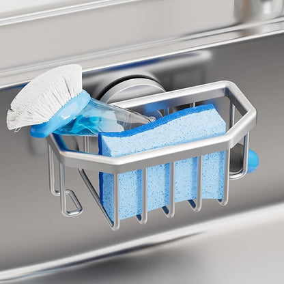 TAILI Sink Caddy with Strong Suction Cup, Sponge Holder for Kitchen Sink Organizer, Removable Sponge Caddy Inside Sink, Rustproof Aluminum Holder for Sponges, Brushes - Silver