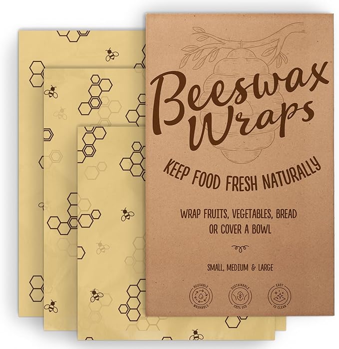 Bee’s Wrap Reusable, Eco Friendly Beeswax Food Wraps, Organic Cotton Food Storage, Assorted Pack of 3 (S, M, L) - Sustainable, Durable, Washable