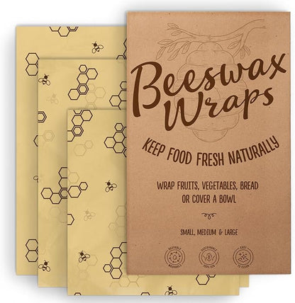 Bee’s Wrap Reusable, Eco Friendly Beeswax Food Wraps, Organic Cotton Food Storage, Assorted Pack of 3 (S, M, L) - Sustainable, Durable, Washable