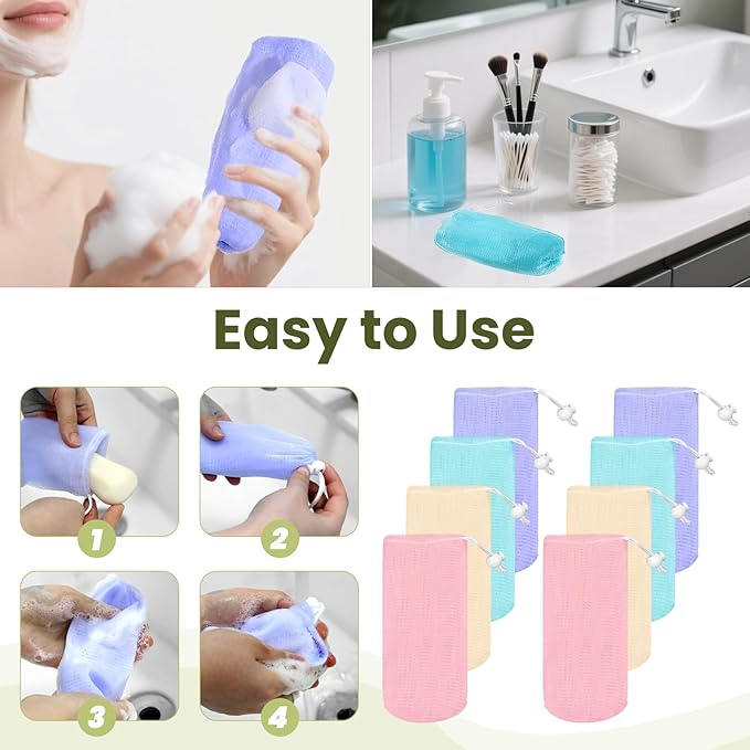 8 Pcs Mesh Soap Bags, Bar Soap Saver Bags, Bubble Foaming Nets Pocket with Drawstring for Facial Cleaning Body Wash (Multicolor)
