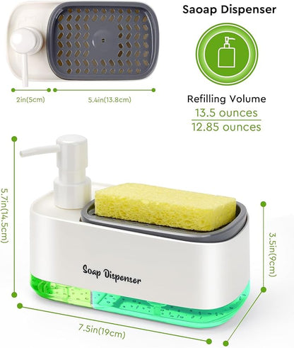 5-in-1 Kitchen Soap Dispenser Set with Sponge Holder - Dual Hand & Dish Soap Pump Dispenser for Sink Countertop with 2-Packs Natural Loofah Dish Sponge Dishwashing Scrubber,White