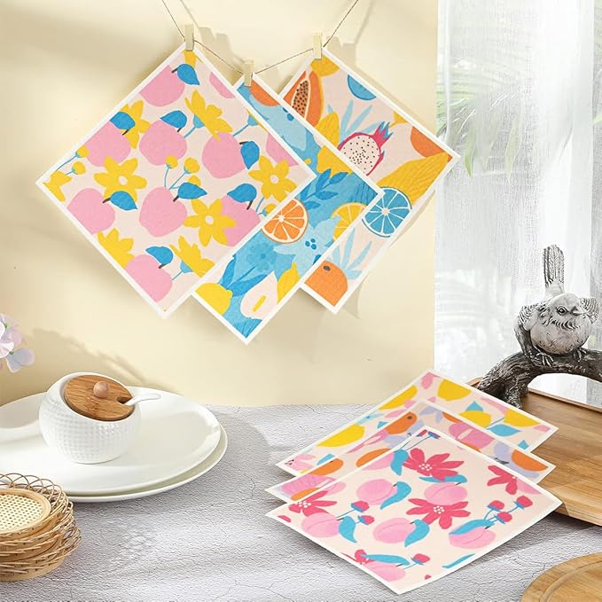 6 - Pack Swedish Kitchen Dish Cloths - Reusable Paper Towels for Counters & Dishes - Eco Friendly Cellulose Sponge Cloth (Fruit Plants)