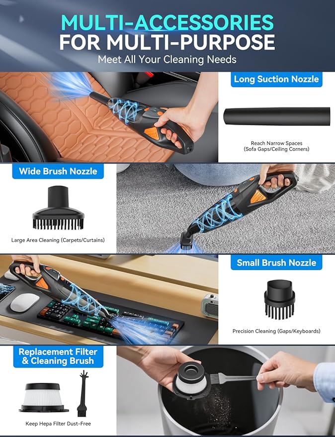 Handheld Vacuum Cordless - 25000PA Strong Suction Hand Held Car Vacuum Cleaner Portable with Multi-Nozzles - Lightweight Dust Busters Rechargeable for Home Car Office Pets 2 Levels