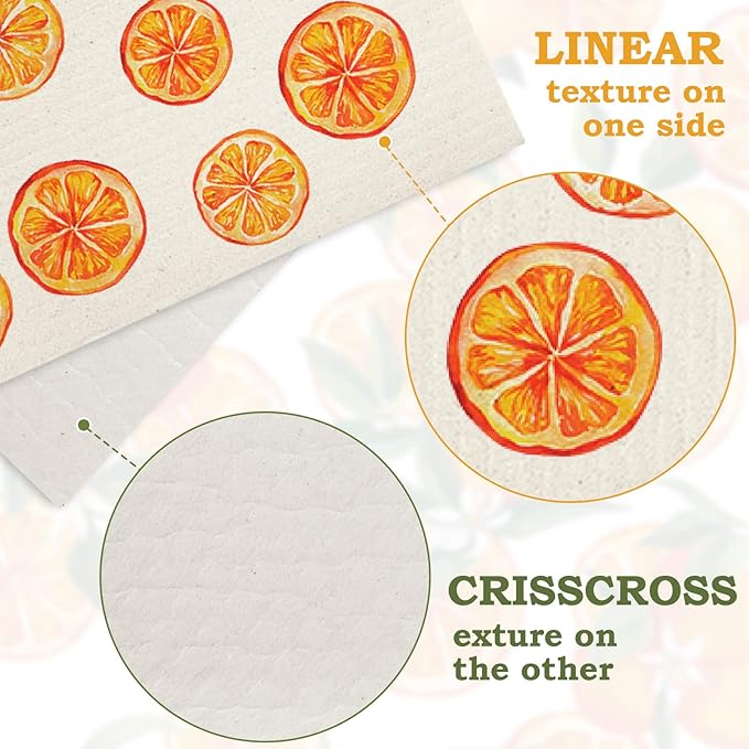 Whaline 6Pcs Orange Swedish Dishcloth Citrus Fruit Pattern Cotton Kitchen Towel Summer Absorbent Dish Towels for Party Home Housewarming Cleaning Counter Wipe, 7 x 8 in