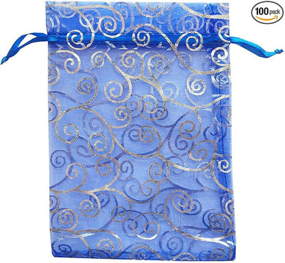 100 Pieces Per Pack 5x7 inch Gift Wrap Bags Blue Rattan, Organza Sheer Transparent Fabric, Drawstring Treat Bags for Baby Shower Favor, House Party Favors, Bridal Shower Favors, Lipsense Holder, Toys