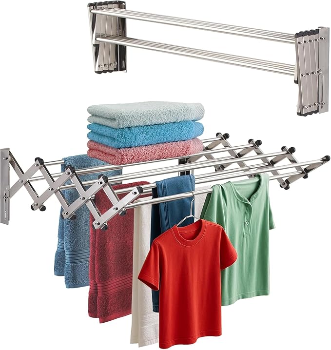 Smartsome Wall Mounted Clothes Drying Rack | Adjustable 18–33" Width | 20 Linear Feet Drying Capacity | 8 Stainless Steel Rods | 60 lb Capacity | Fully Assembled | Compact Space-Saving Design