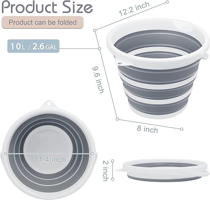 Goderewild 2 Pack Collapsible Bucket, 2.6 Gallon (10L) - Foldable Mop Bucket for House Cleaning, Car Washing, Camping - Portable Water Pail for Outdoor, RV, Travel (Grey, Round)